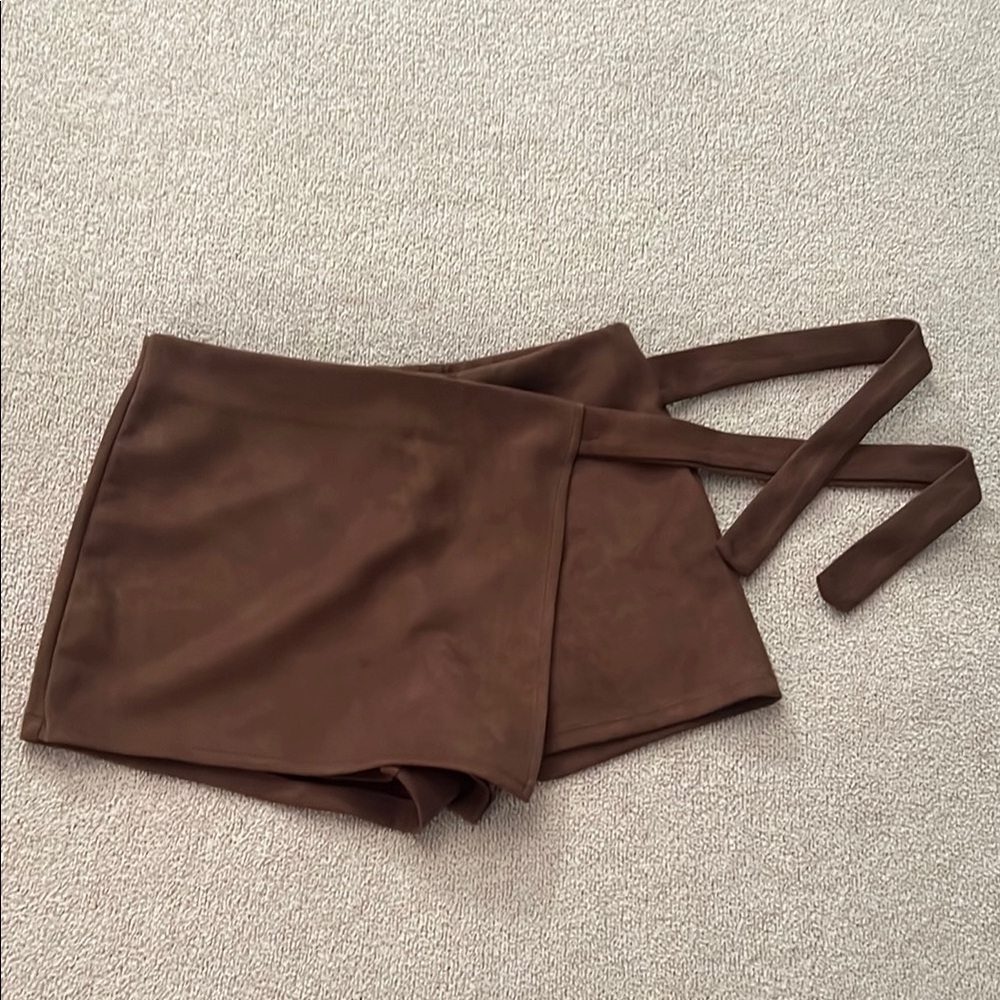 Haute Monde Chocolate Brown Skort with Wrap-Style Design - Faux Suede - Size M